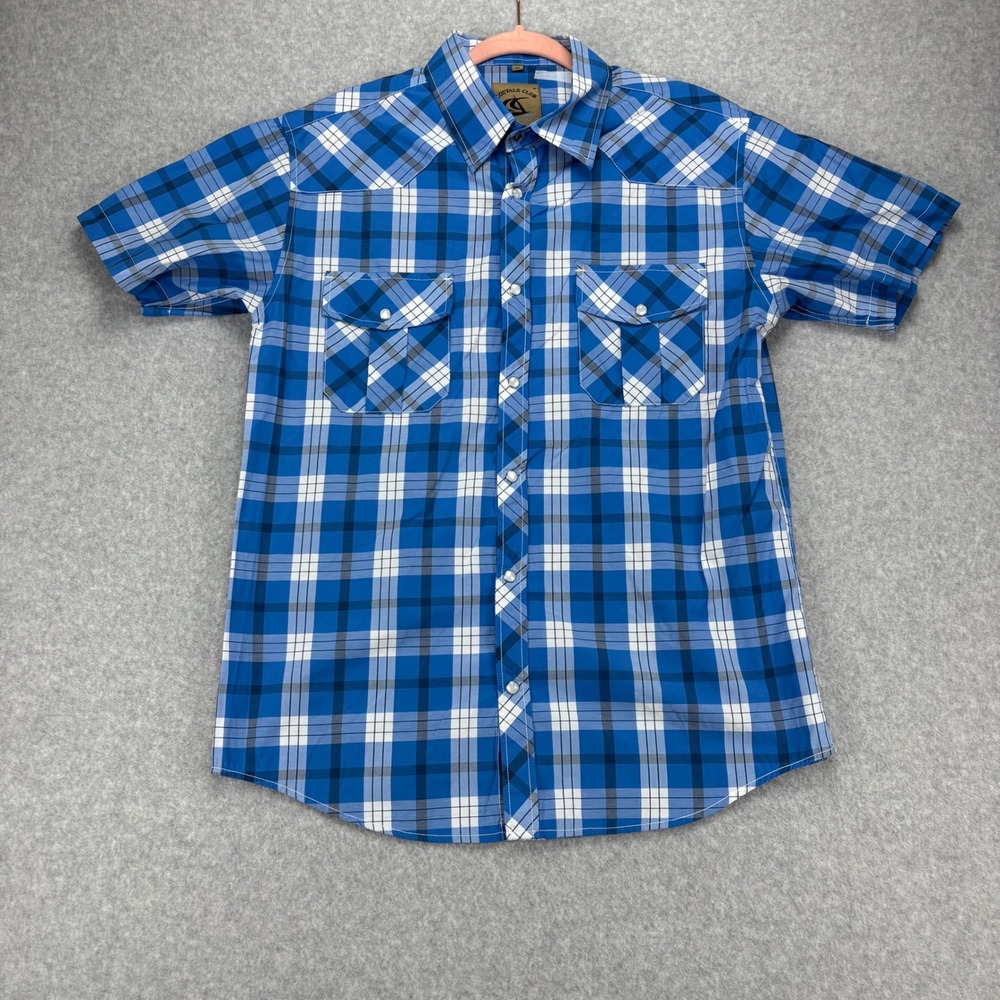 Coevals Club Pearl Snap Shirt Mens M Blue Plaid Western Cowboy Short Sleeve